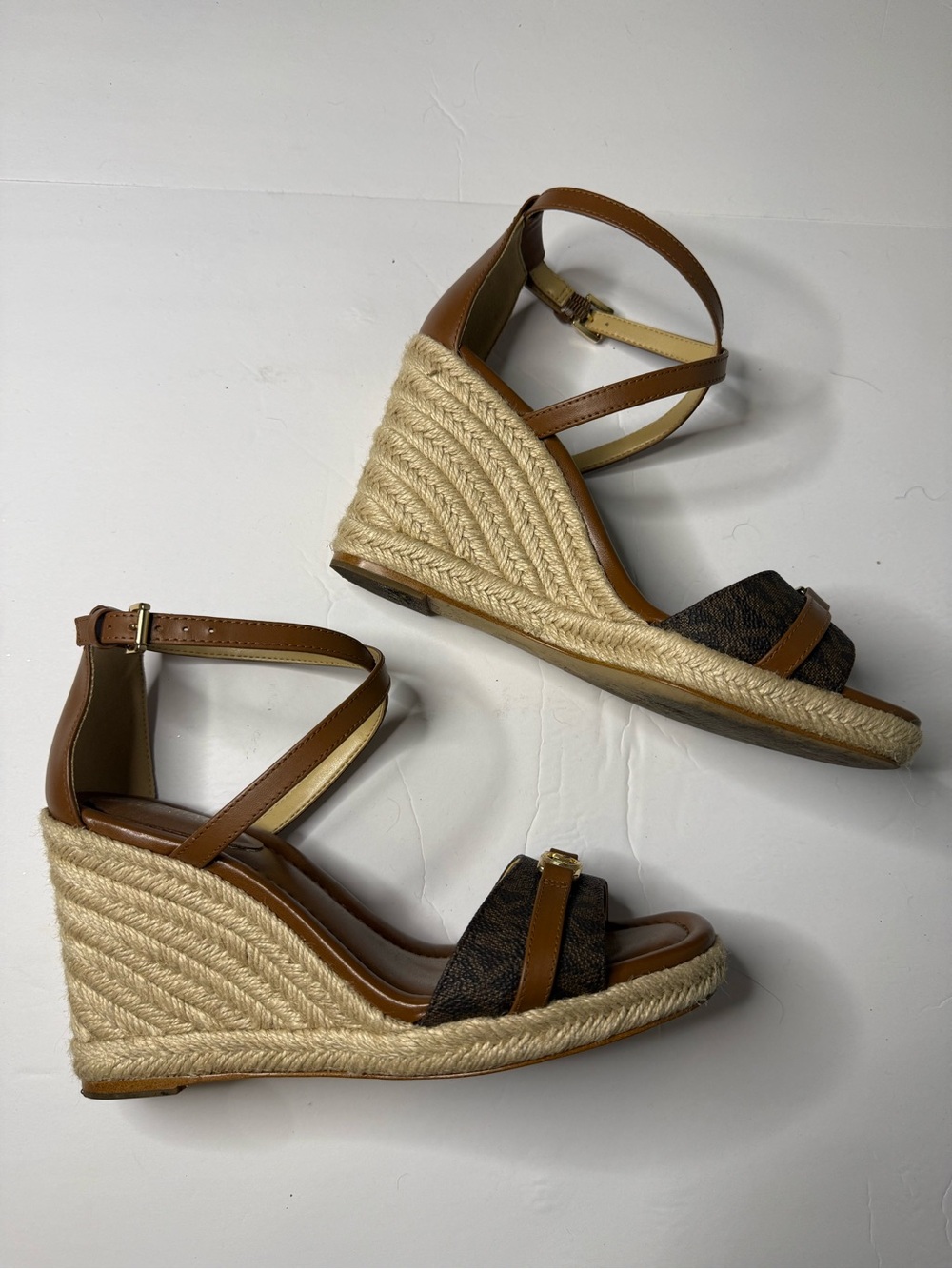 Michael Kors Brown and Tan Espadrille Wedge Sandals